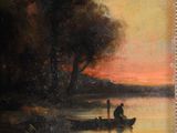 painting of a man in a boat on a lake at sunset