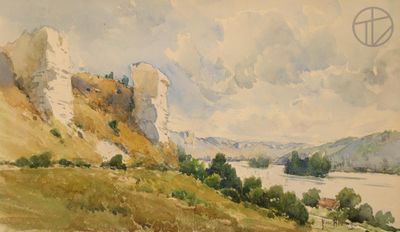 une image représentant un tableau d'une montagne avec une rivière au premier plan