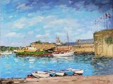painting of boats docked on the shore of a harbor with a castle in the background