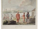 un vieux tableau représentant deux hommes debout l'un à côté de l'autre près d'un plan d'eau