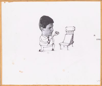 cartoon drawing of a man sitting in a chair and looking at another man sitting in a chair