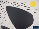 a black and white painting with a yellow sun in the background