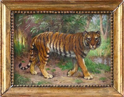 une peinture à l'huile représentant un tigre marchant dans une zone boisée