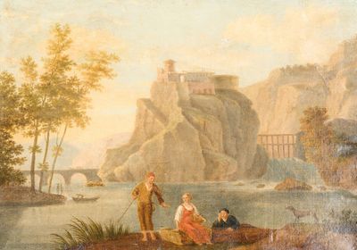 tableau représentant un homme et une femme assis dans un bateau sur une rivière