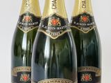 quatre bouteilles de champagne sont alignées sur une surface blanche