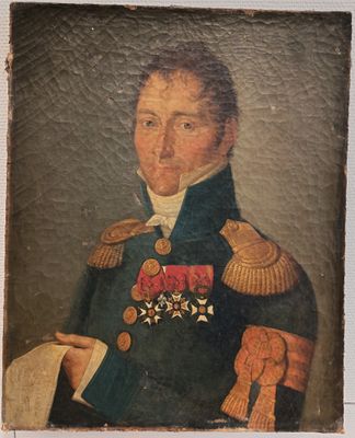an old painting of a man in a military uniform holding a piece of paper