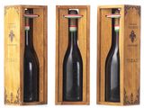 two bottles of red wine in a wooden box on a white background
