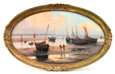 a picture of a painting of boats on the beach
