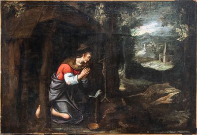an image of a painting of a man kneeling in the woods