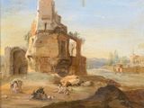 an image of a painting of people and animals in a desert