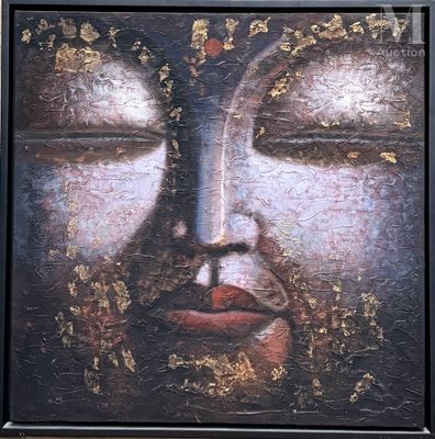 une peinture à l'huile représentant un visage de Bouddha recouvert de feuilles d'or