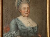un vieux tableau représentant une femme en robe bleue tenant une fleur