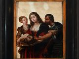 un tableau représentant un homme tenant un bébé dans ses bras, à côté d'une femme et d'un homme