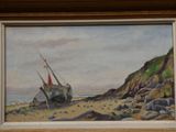 a painting of a boat on the beach by the water