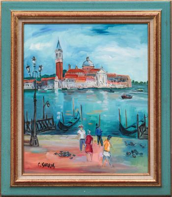 an oil painting of people walking on a beach next to a body of water with a church in the background