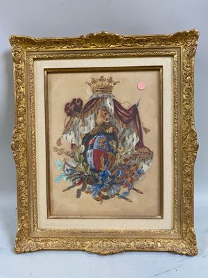 an antique framed picture of a coat of arms with a crown on it
