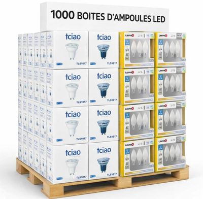 many boxes of light bulbs stacked on a pallet