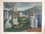 une peinture représentant un groupe de personnes dans un champ