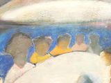 une peinture représentant un groupe de personnes assises autour d'une table