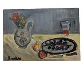 une peinture représentant une assiette de fruits et un verre posés sur une table