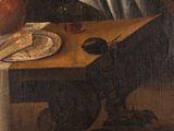a painting of a man sitting at a table reading a book