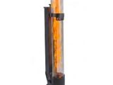 an image of a black and orange heater sitting on top of a metal stand