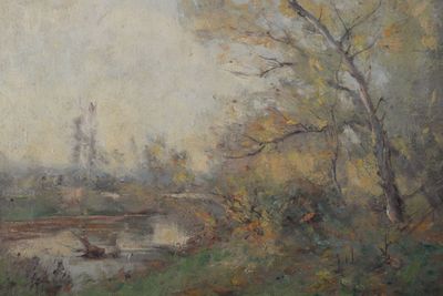 tableau représentant une rivière avec un pont et une église au loin