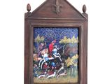 une image représentant un tableau d'un cheval et de son cavalier, dans un cadre en bois