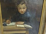 a painting of a young girl writing on a book