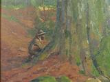 a painting of a raccoon in the woods by a tree