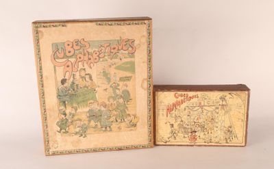 une paire de boîtes vintage pour livres d'enfants, ornées d'illustrations pour enfants