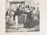 a black and white drawing of a man and a woman dancing