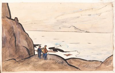 drawing of two men standing on a rocky beach next to a body of water