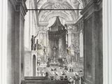 drawing of interior of a church with people seated in pews