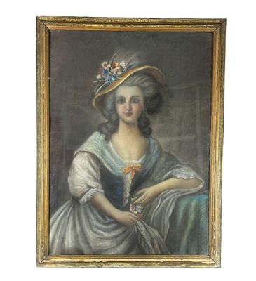 painting of a woman in a blue dress and a hat