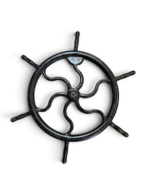 an image of a black ship steering wheel on a white background