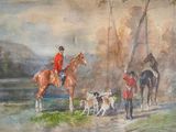 a painting of a man riding a horse with a bunch of dogs
