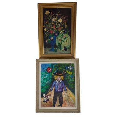 two paintings of a man with a hat and flowers in a vase