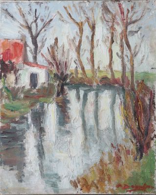 an oil painting of a river with a house and trees in the background