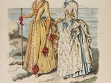 une illustration ancienne représentant deux femmes debout sur une plage
