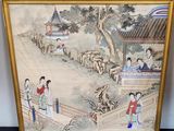 tableau représentant un paysage chinois avec des personnages et des animaux, dans un cadre doré
