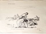 un vieux dessin représentant un homme à cheval, tiré par un autre homme