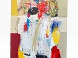 abstract painting of a vase of flowers with red, yellow, blue, and white