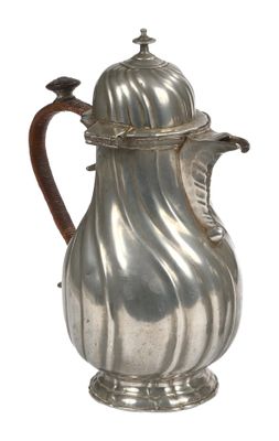 a silver coffee pot with a wooden handle on a white background