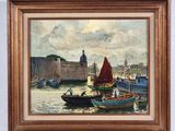 a painting of a harbor scene with boats in the water