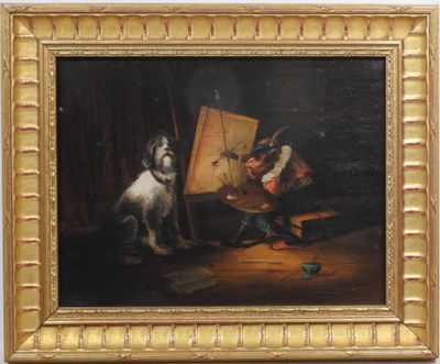 une image représentant un tableau où l'on voit un chien assis devant un chevalet