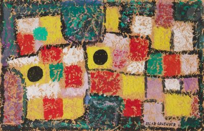 peinture abstraite composée de carrés et de points colorés sur fond noir