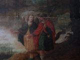 a painting of a man and a woman by a lake