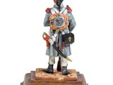 figurine of a soldier holding a clock on a wooden base