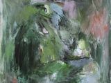 an oil painting of a man sitting on a bench next to a river